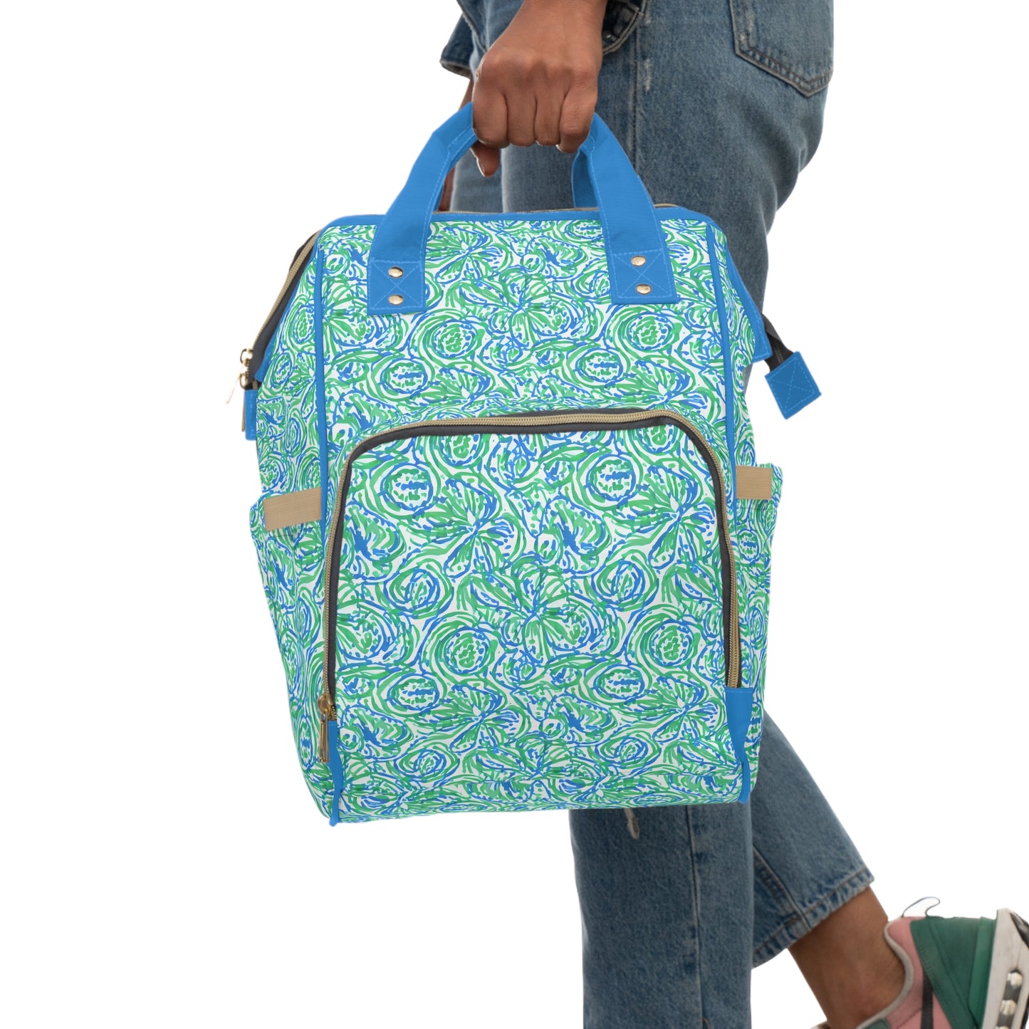 Emerald Tide: Swirling Green and Blue Flowers Multifunctional Diaper Backpack