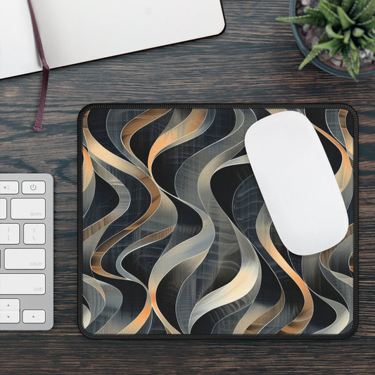 Artistic Fusion of Wavy Lines in a Palette of Silver, Gold, and Dark Hues Gaming Mouse Pad with Finished Edges