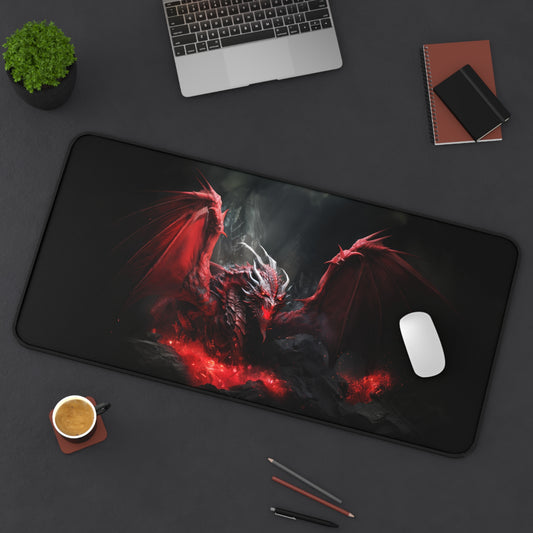 Majestic Red Fierce Fire-Breathing Beast in Dark Fantasy Realm - Extended Gaming Mouse Pad 3 Sizes