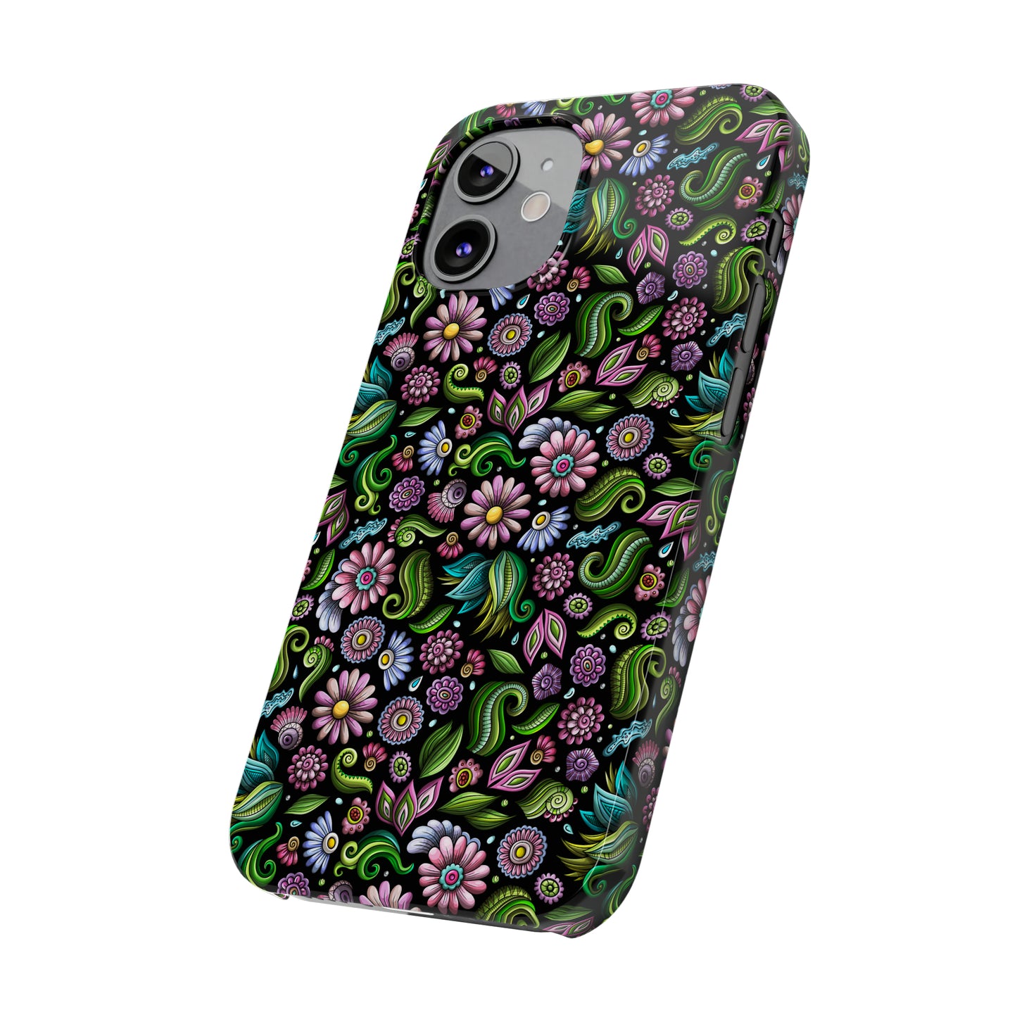 Purple & Pink Daisy Floral Print on Black Background Iphone 15-12 Slim Phone Case