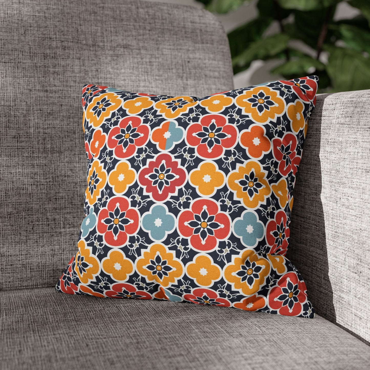 Vibrant Moroccan Orange, Gold and Blue Tile Pattern Spun Polyester Square Pillowcase 4 Sizes