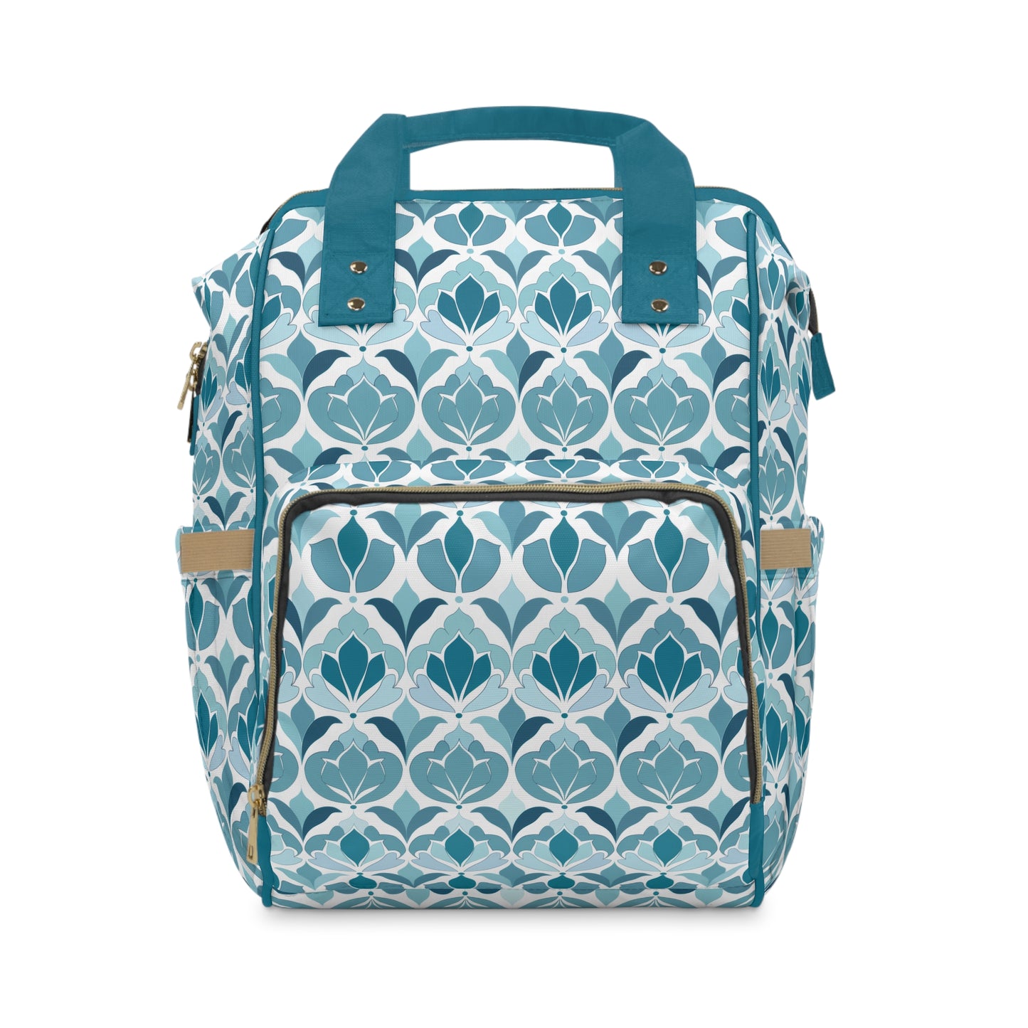 Serene Floral Pattern in Shades of Aqua and Teal, Forming Graceful Botanical Motifs Multifunctional Diaper Backpack