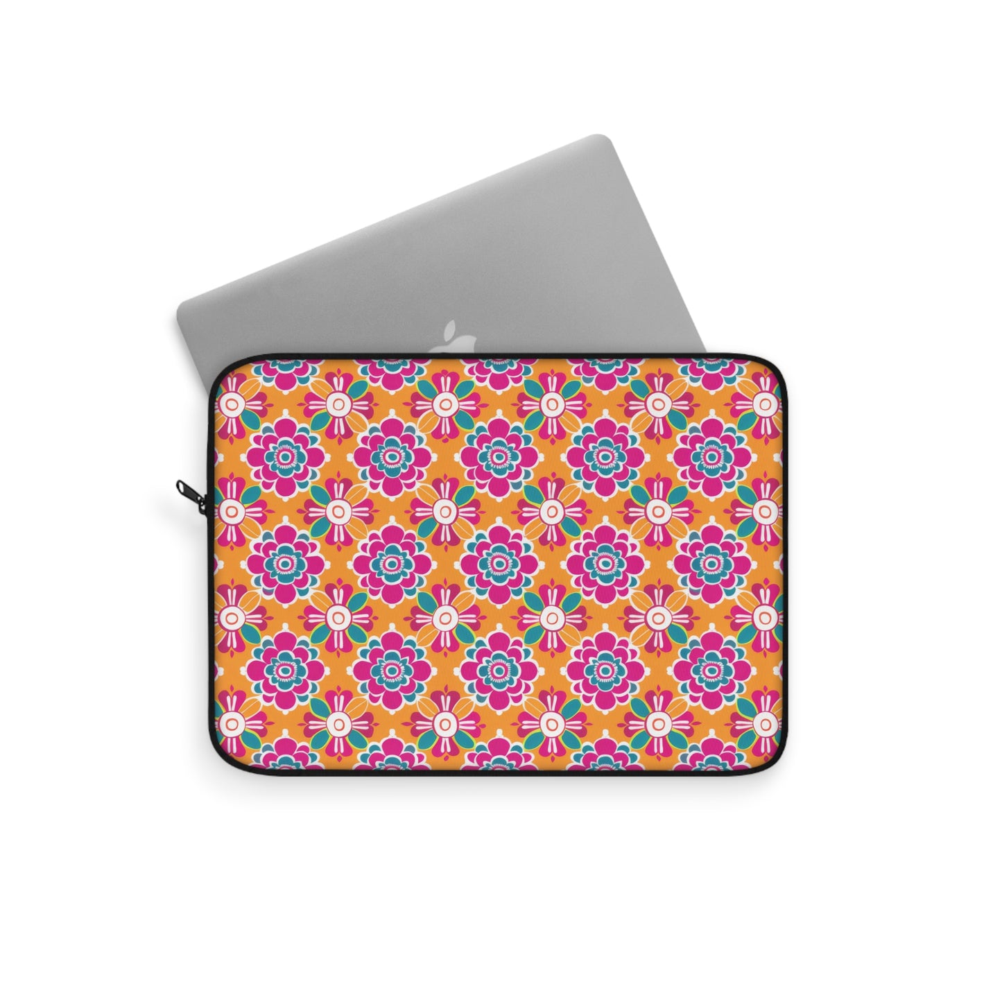 Array of Stylized Floral Motifs in Vivid Pink, Teal, and White Set Against a Warm Orange Backdrop Laptop or Ipad Protective Sleeve 3 Sizes Available