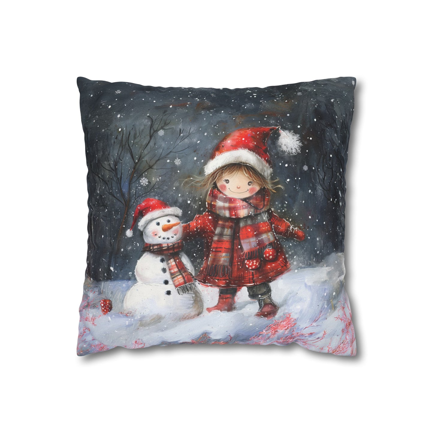 Little Girl and Snowman Sharing Winter's Wonder Spun Polyester Square Pillowcase 4 Sizes