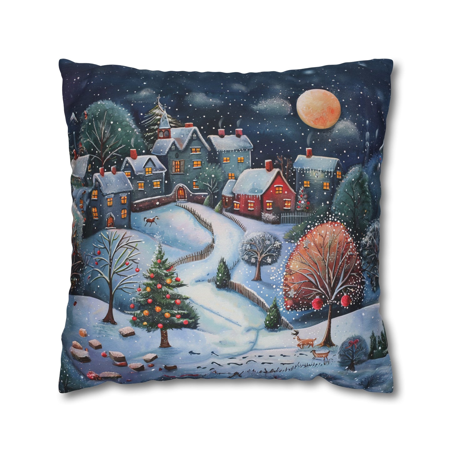 Snowy Serenade: Town at Winter Night with Reindeer Amidst the Snow  Spun Polyester Square Pillowcase 4 Sizes