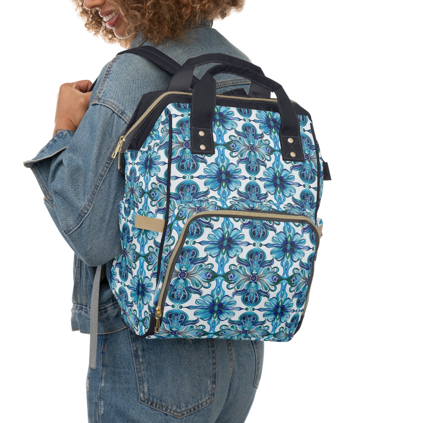 Vibrant Tapestry of Teal and Blue Flowers Multifunctional Diaper Backpack