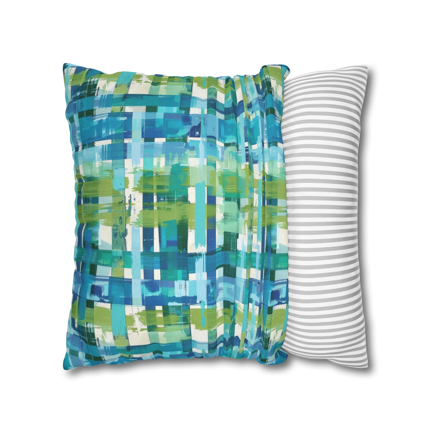 Enchanted Lagoon: Vibrant Green and Blue Abstract Plaid Spun Polyester Square Pillowcase 4 Sizes