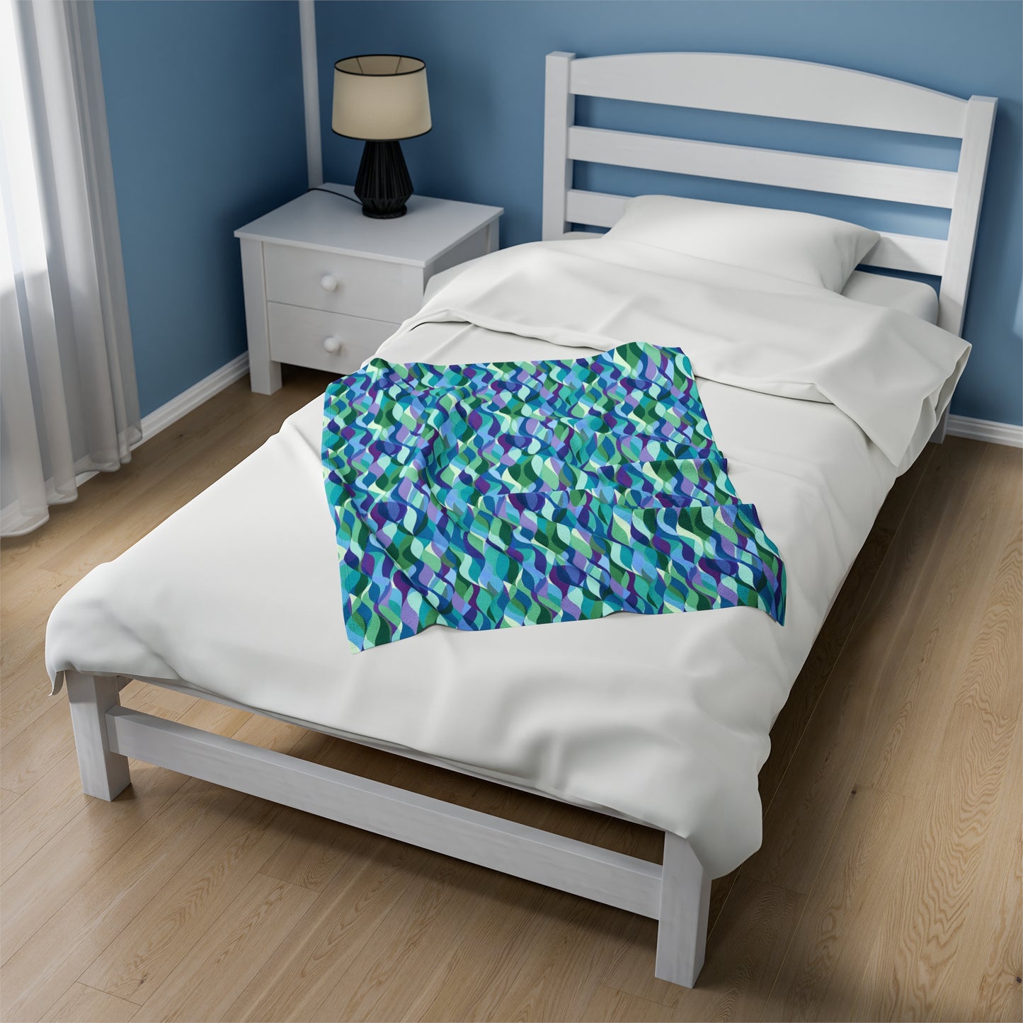 Modern Mosaic Art Ocean Waves of Blue and Green Velveteen Plush Blanket 3 Sizes