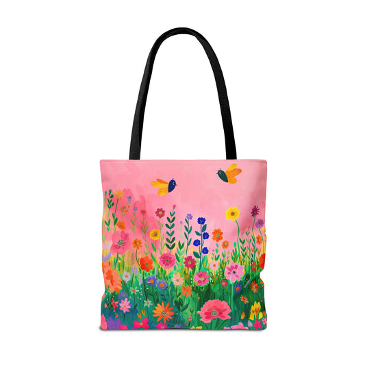 Buzzing Blooms: Flowers and Bees Against a Pink Background Canvas Tote Bag - 3 Sizes