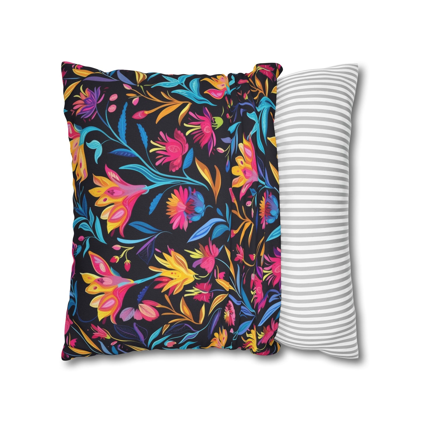 Vibrant Floral Fantasy in Midnight Garden Design Spun Polyester Square Pillowcase 4 Sizes