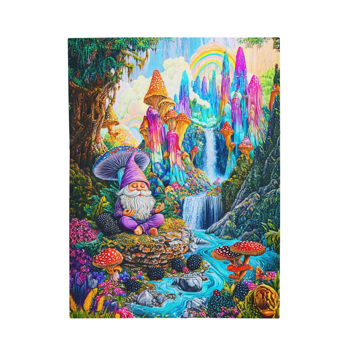 Enchanted Gnome in a Vibrant Mushroom Paradise Velveteen Plush Blanket 3 Sizes