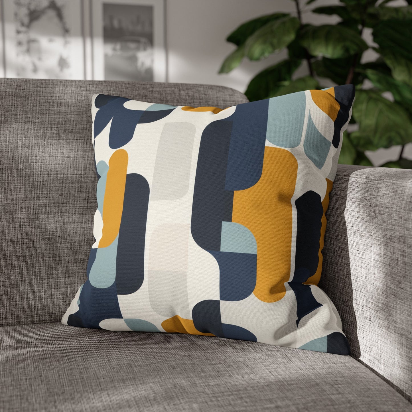 Modern Retro with Bold Geometric Pattern in Mustard and Navy Spun Polyester Square Pillowcase 4 Sizes