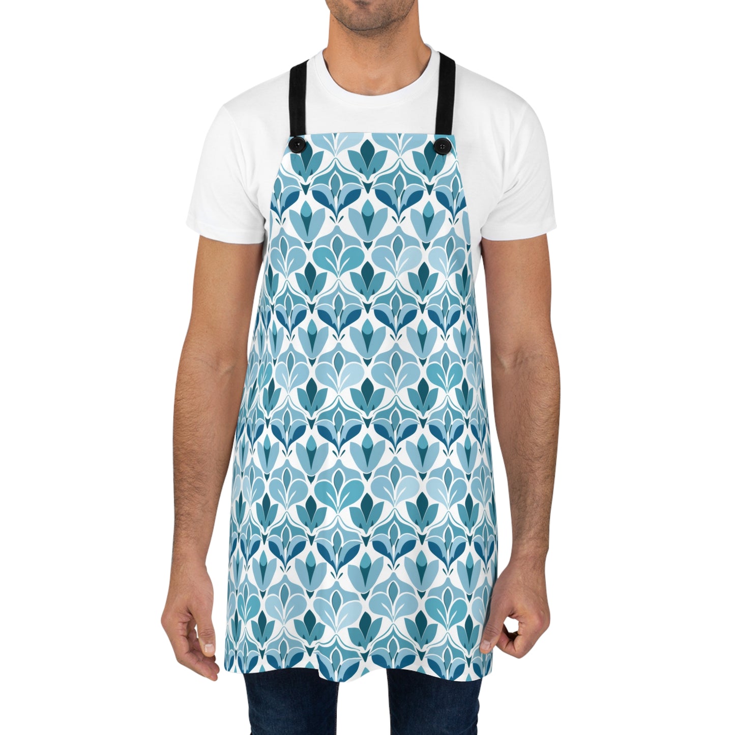 Elegant Floral Pattern in Shades of Aqua and Teal, Forming Graceful Botanical Motifs Kitchen Chef Apron