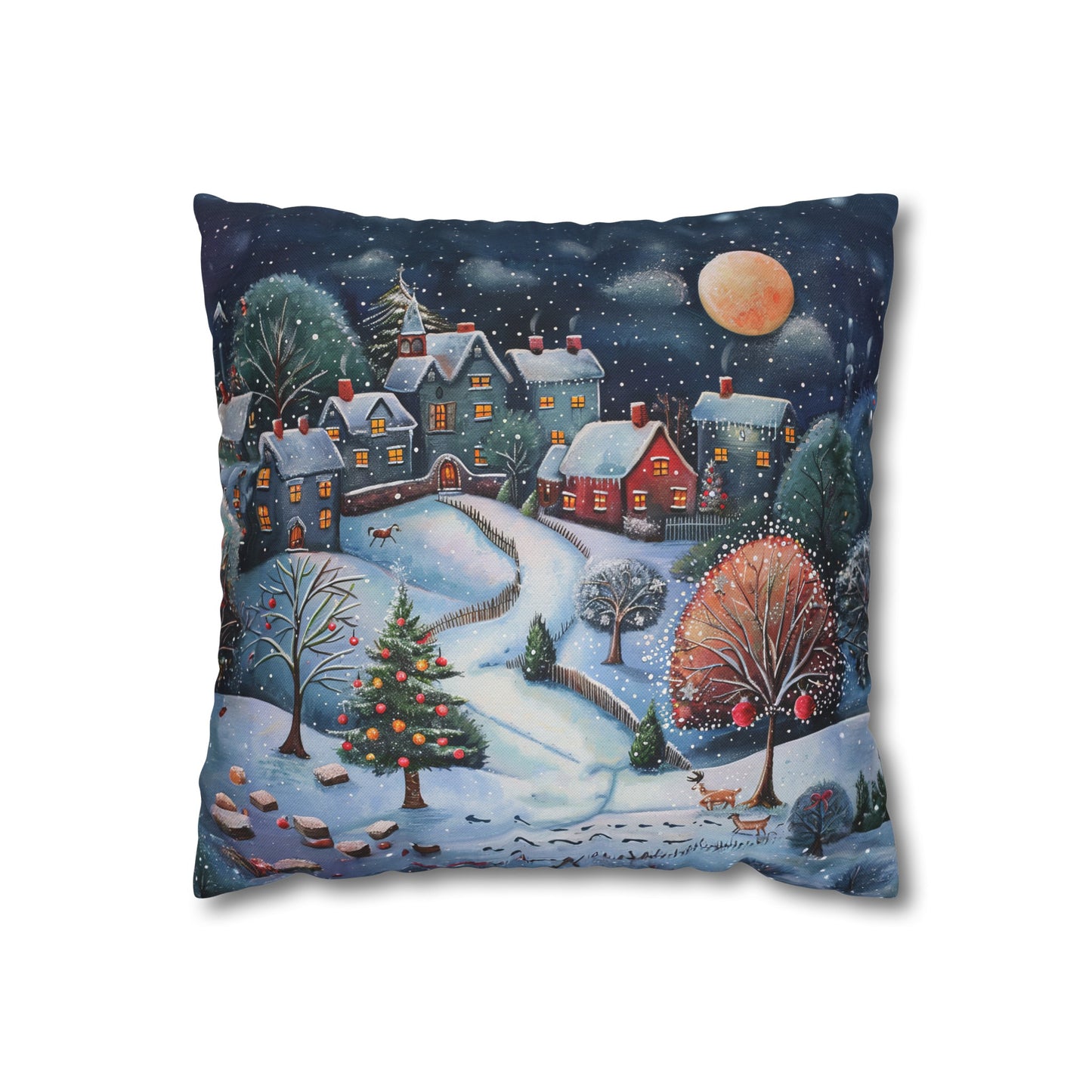 Snowy Serenade: Town at Winter Night with Reindeer Amidst the Snow  Spun Polyester Square Pillowcase 4 Sizes