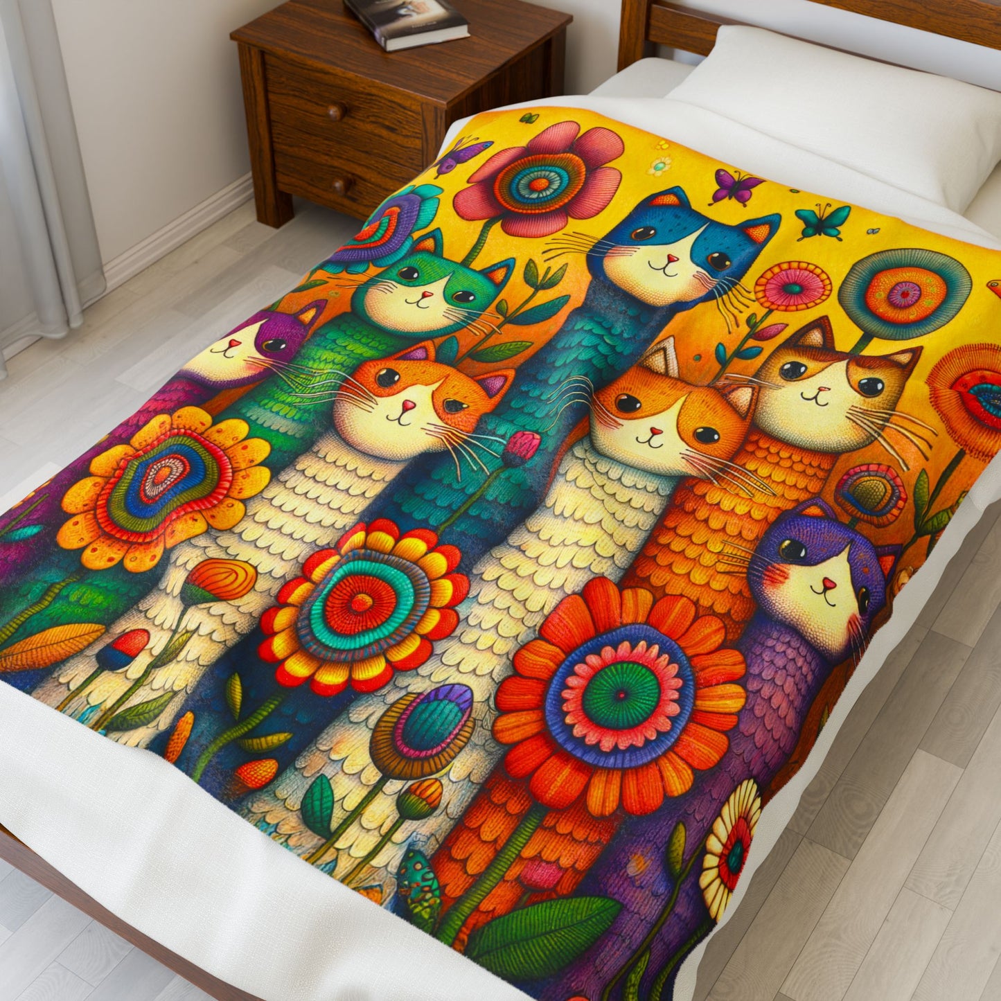 Tall Cats and Flowers Print Velveteen Plush Blanket 3 Sizes
