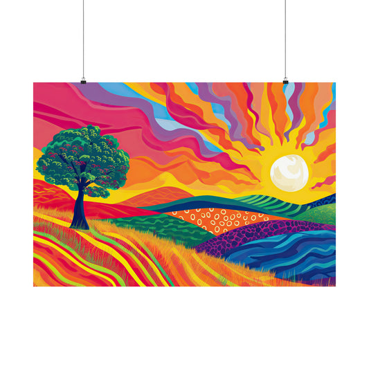 Vibrant Dawn: Abstract Sunrise Over Rolling Hills, Alive with Colorful Flow on Matte Print - 7 Sizes