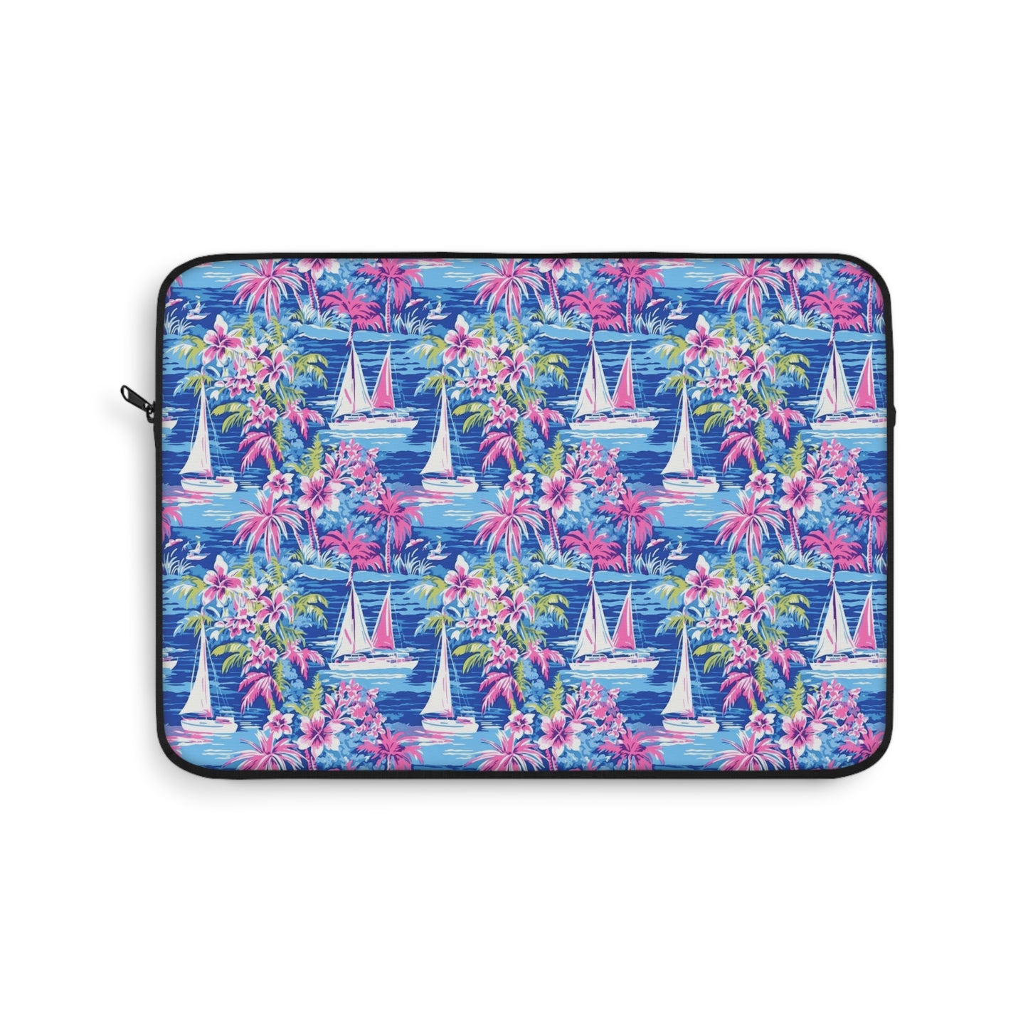 Sailing Tropics: Watercolor Sailboats Amidst Ocean Waves, Tropical Flowers, and Palm Trees Laptop or Ipad Protective Sleeve 3 Sizes Available