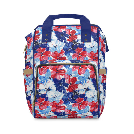 Americana Blooms: Large Watercolor Flowers in Red, White, and Blue Multifunctional Diaper Backpack