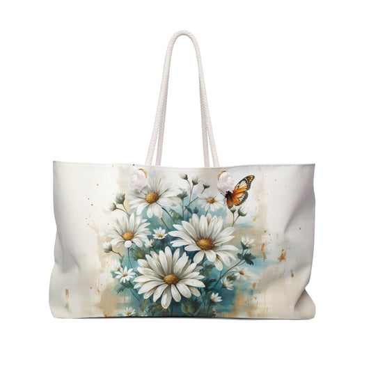 Rustic Farmhouse Teal and White Wild Daisies and Butterflies - Weekender Oversized Canvas Tote Bag 24" × 13"