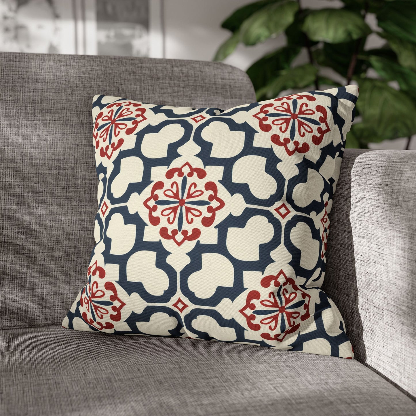 Traditional Korean Elegance in Bold Red and Navy Geometric Tile Pattern Spun Polyester Square Pillowcase 4 Sizes