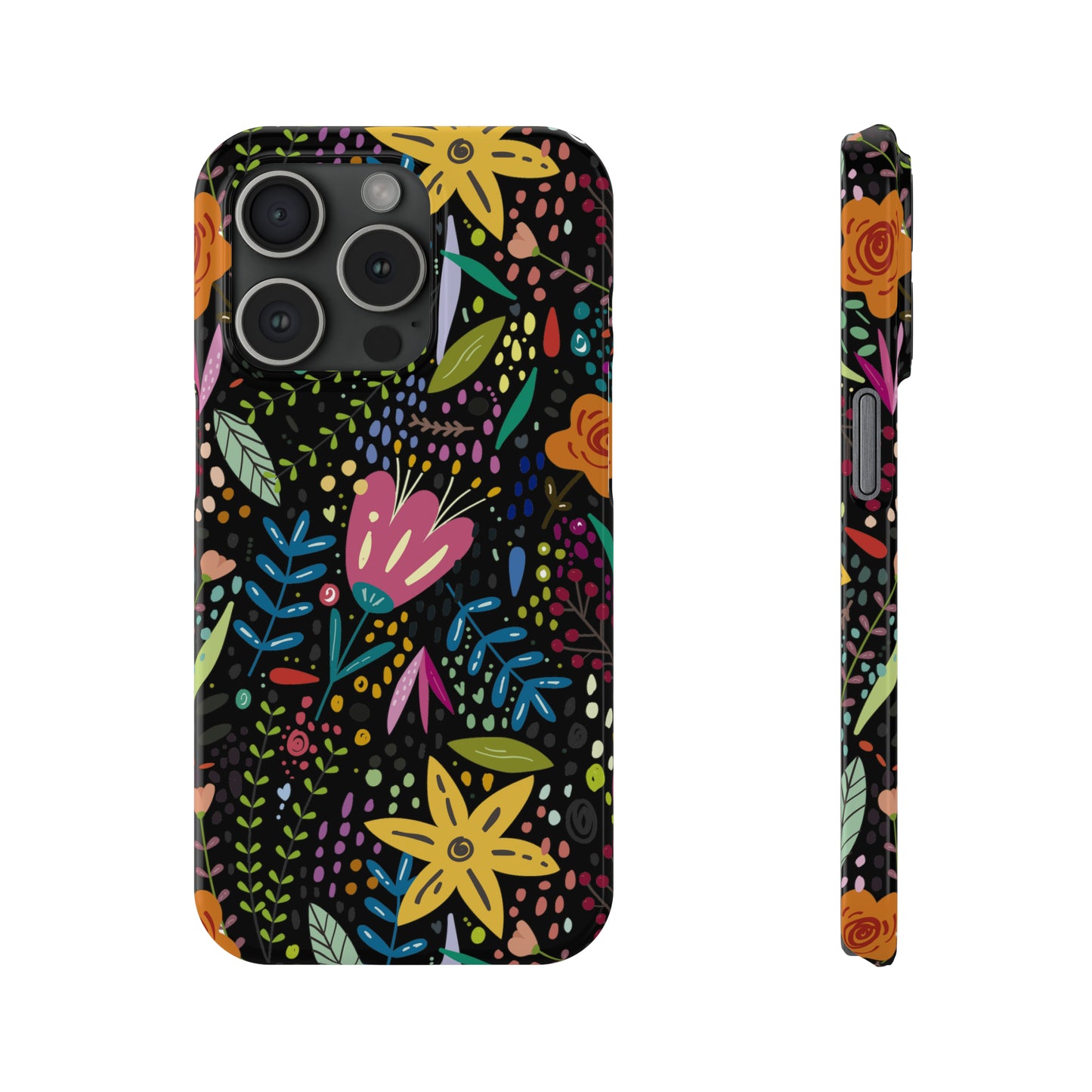 Springtime Splendor: Hand-Drawn Flowers Bursting with Vibrant Colors Design on Black Iphone 15-12 Slim Phone Case