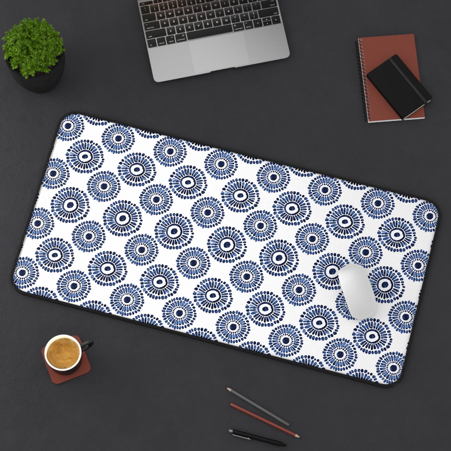 Indigo Sunburst Simple Folk-Inspired Dot Pattern Design Extended Gaming Mouse Pad  Desk Mat  - 3 Sizes