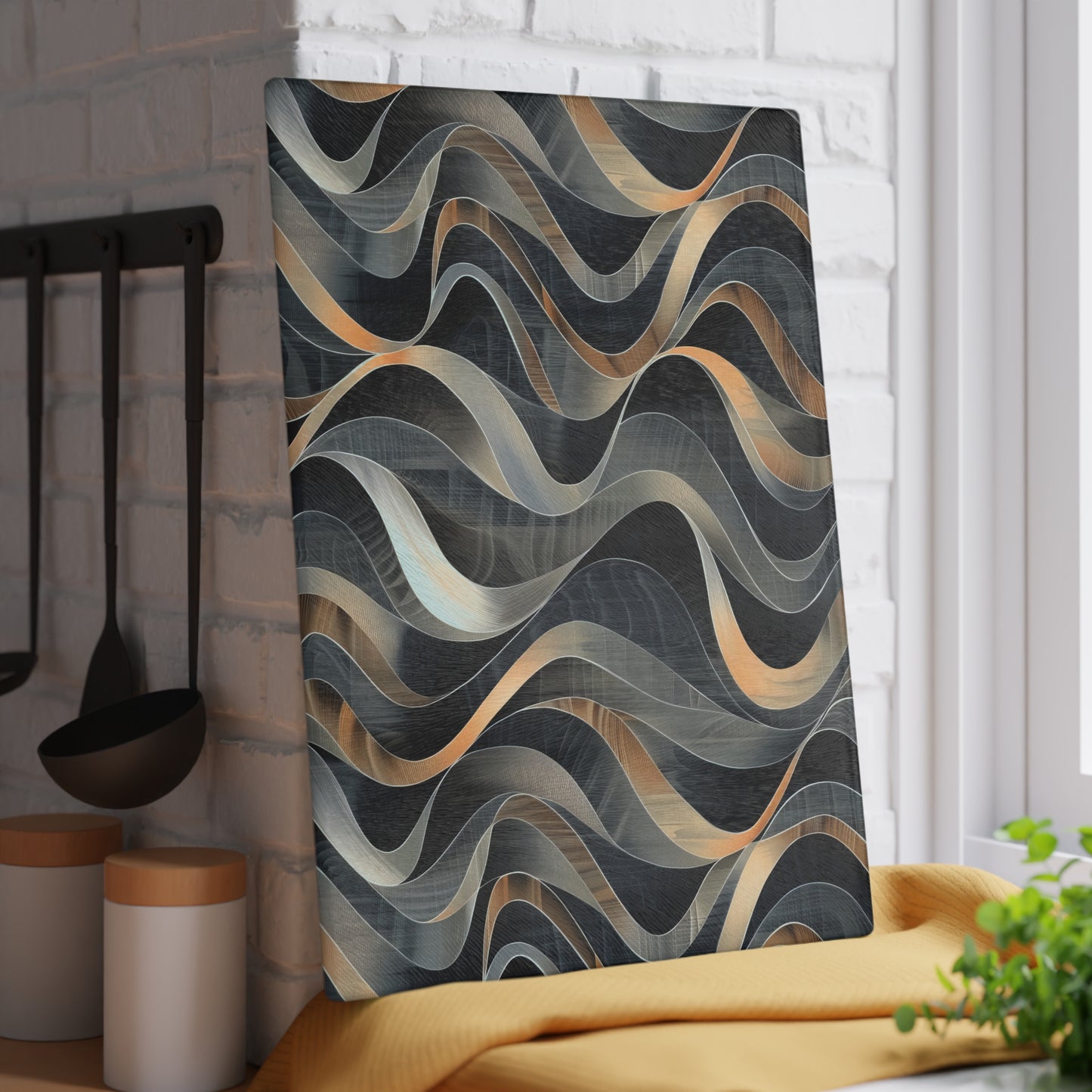 Artistic Fusion of Wavy Lines in a Palette of Silver, Gold, and Dark Hues Cutting Board 2 Sizes