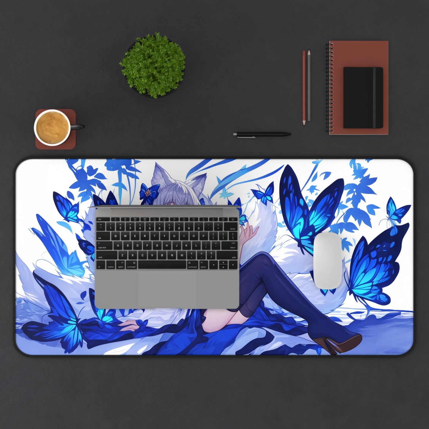 Anime Kitsune Fox Girl Mousepad, Blue Butterflies Anime Desk Mat, Extra Large Mousepad, Gaming Desk Mat, Desktop Accessory