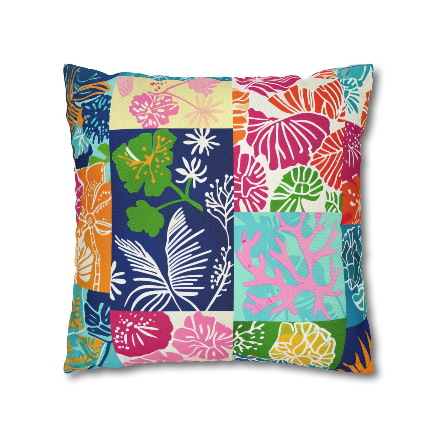 Vibrant Mosaic of Tropical Unique Shapes and Hues, from Vivid Oranges to Deep Blue Leaves and Flowers Spun Polyester Square Pillowcase 4 Sizes