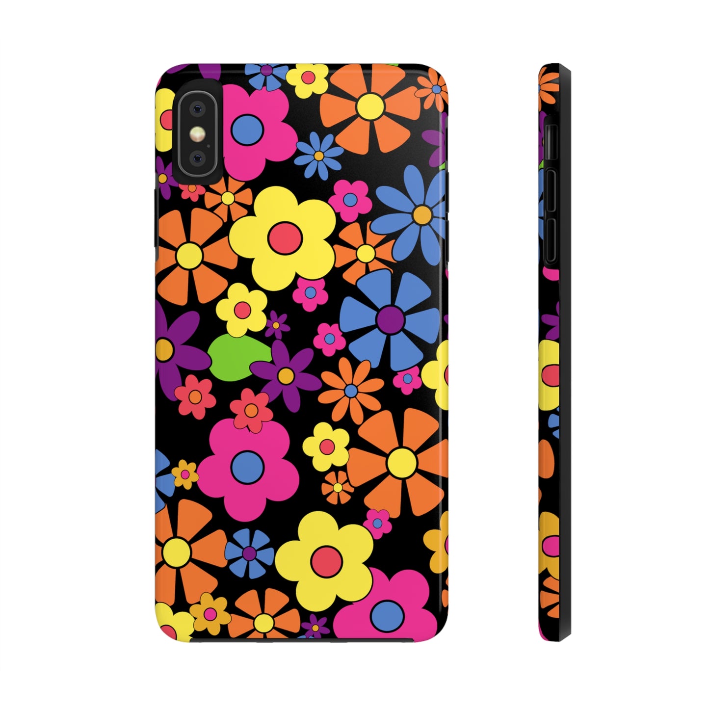 Flower Power Design on Black Background Iphone Tough Phone Case