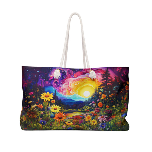 Enchanting Sunrise Over a Whimsical Field of Wildflowers - Weekender Oversized Canvas Tote Bag 24" × 13"