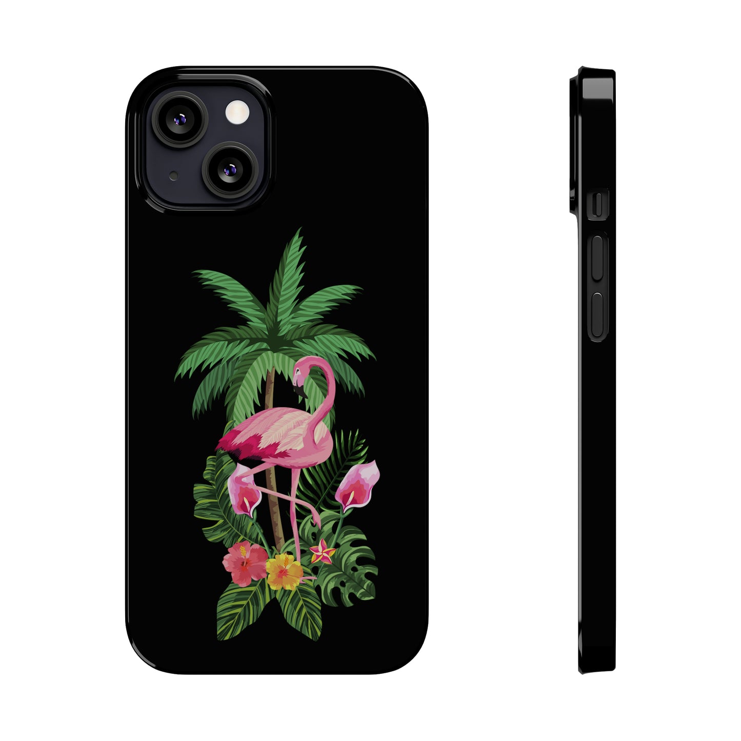 Tropical Pink Flamingo and Flowers Black Background Iphone 15-12 Slim Phone Case