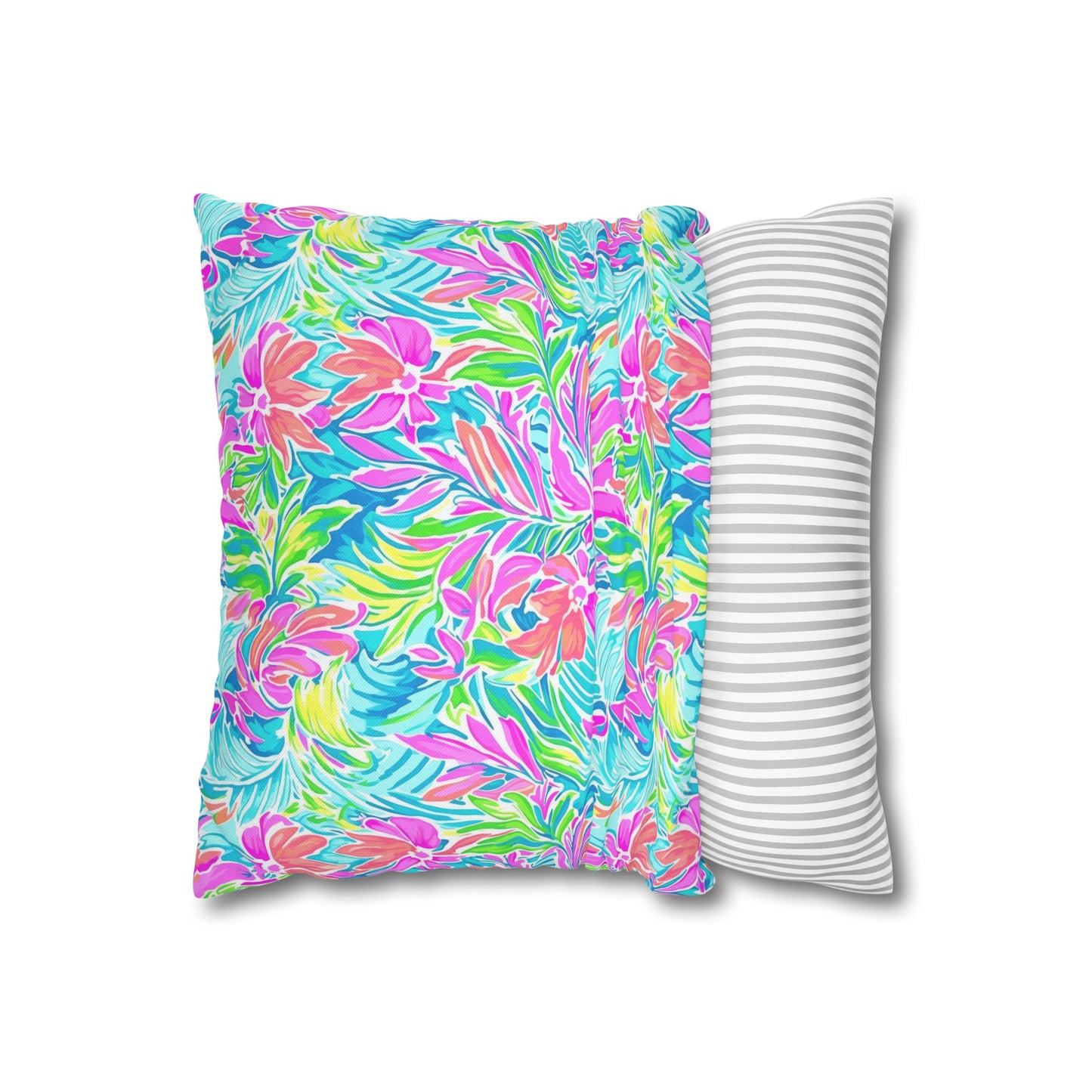 Neon Tropics: Vibrant Rainbow Flowers and Palm Leaves in Electric Splendor Spun Polyester Square Pillowcase 4 Sizes