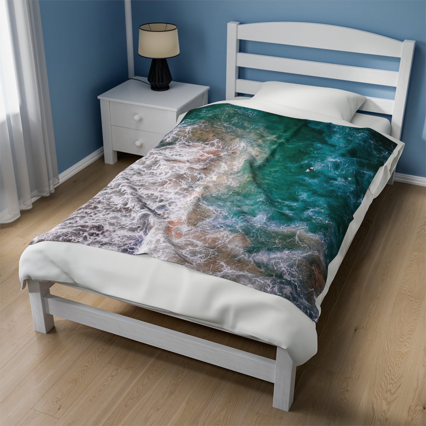 Ocean's Embrace: Deep Green Waters with White Waves Crashing onto the Beach Velveteen Plush Blanket 3 Sizes