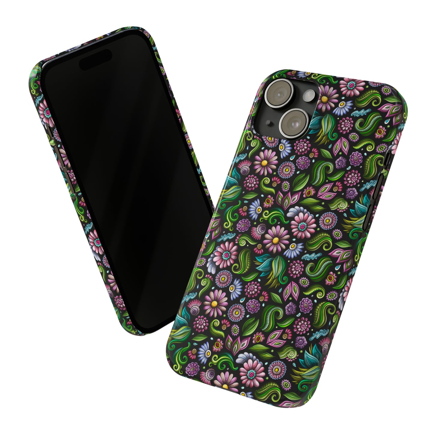 Purple & Pink Daisy Floral Print on Black Background Iphone 15-12 Slim Phone Case