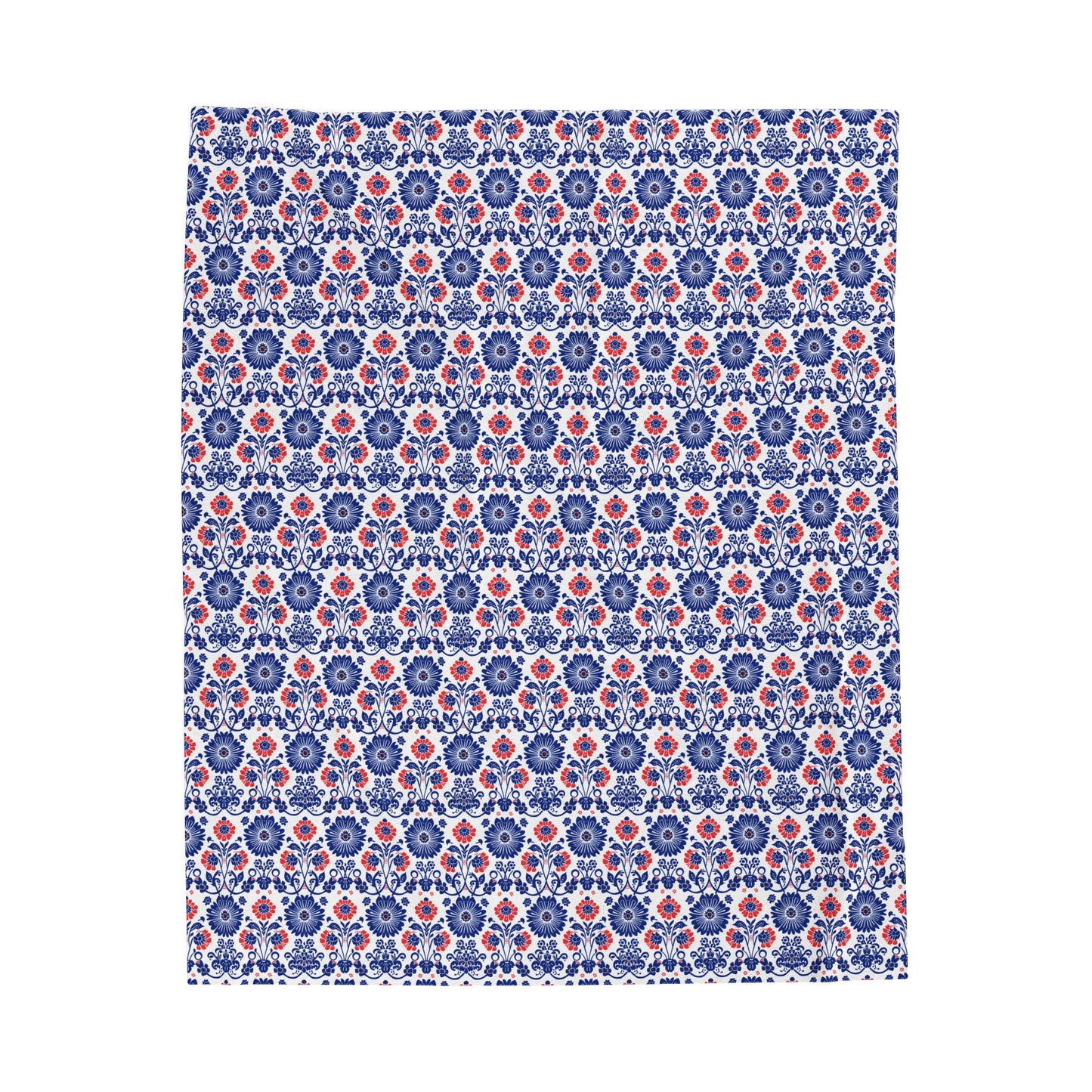 Charming Folk Blooms in Classic Polish Pottery Inspired Floral Pattern in Blue and Red Velveteen Plush Blanket 3 Sizes