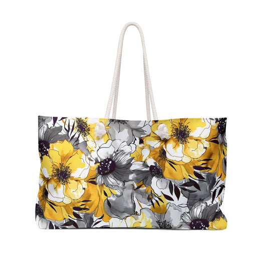 Soothing Radiance: Large Yellow and Grey Watercolor Flower Design - Weekender Oversized Canvas Tote Bag 24" × 13"