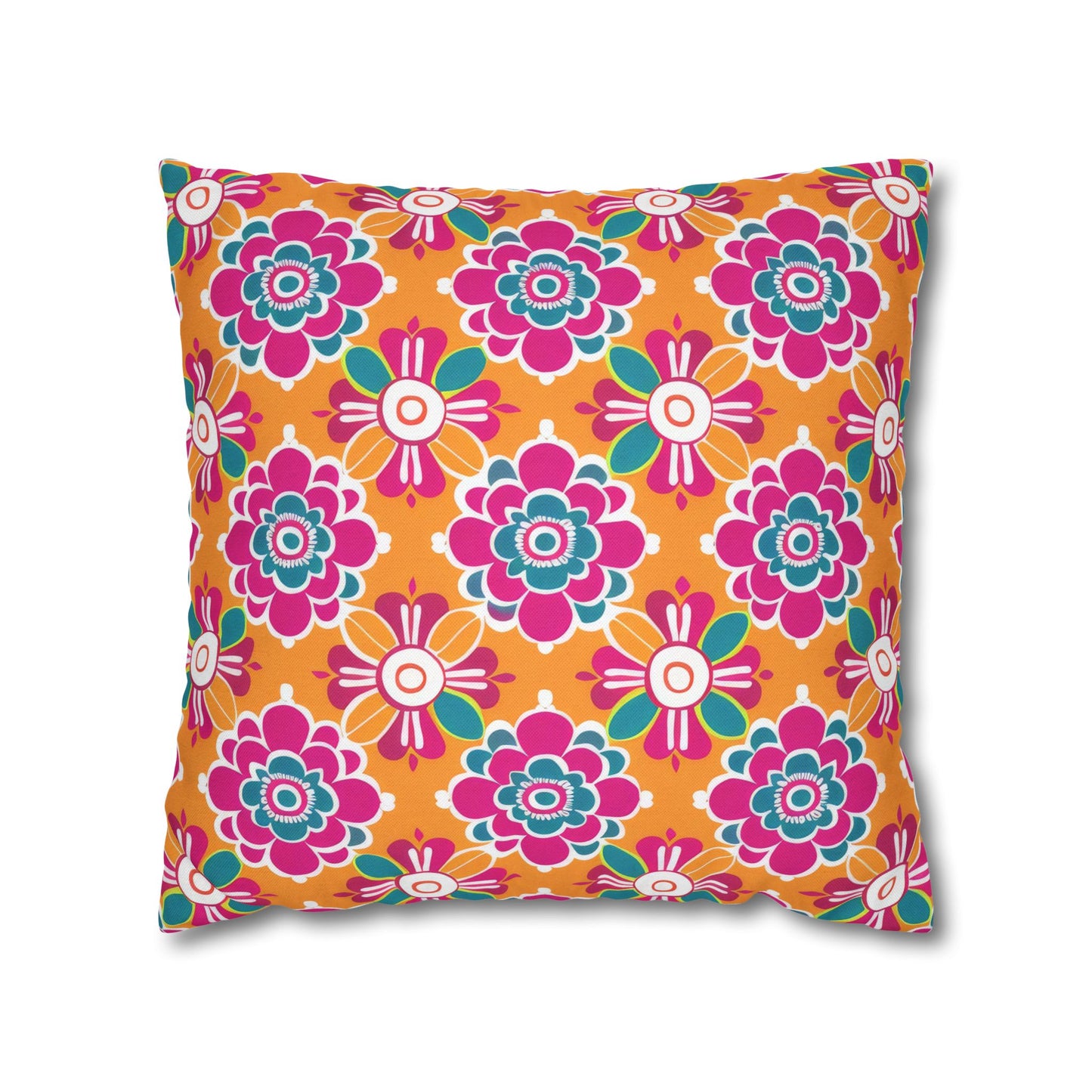 Array of Stylized Floral Motifs in Vivid Pink, Teal, and White Set Against a Warm Orange Backdrop Spun Polyester Square Pillowcase 4 Sizes