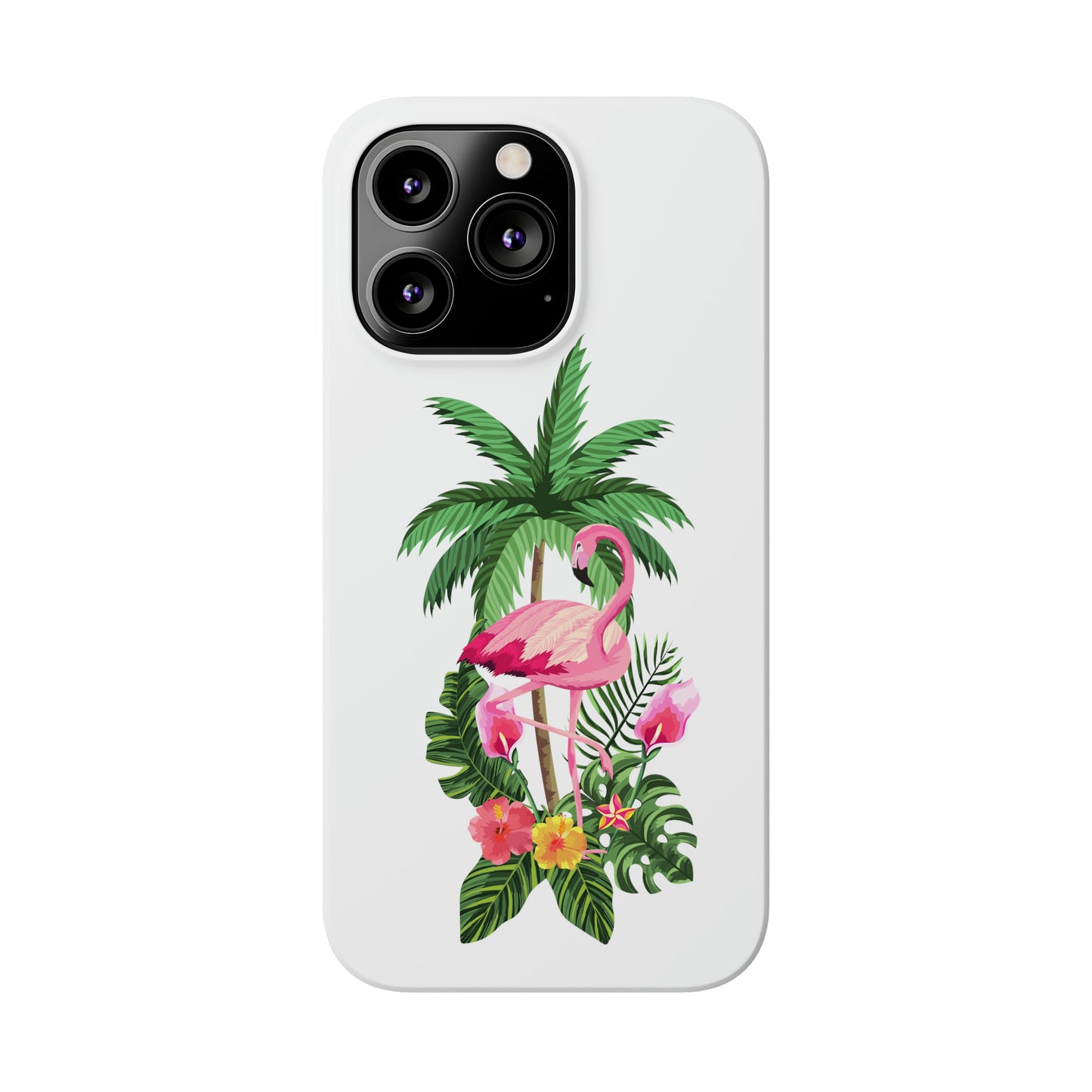 Tropical Pink Flamingo and Flowers White Background Iphone 15-12 Slim Phone Case