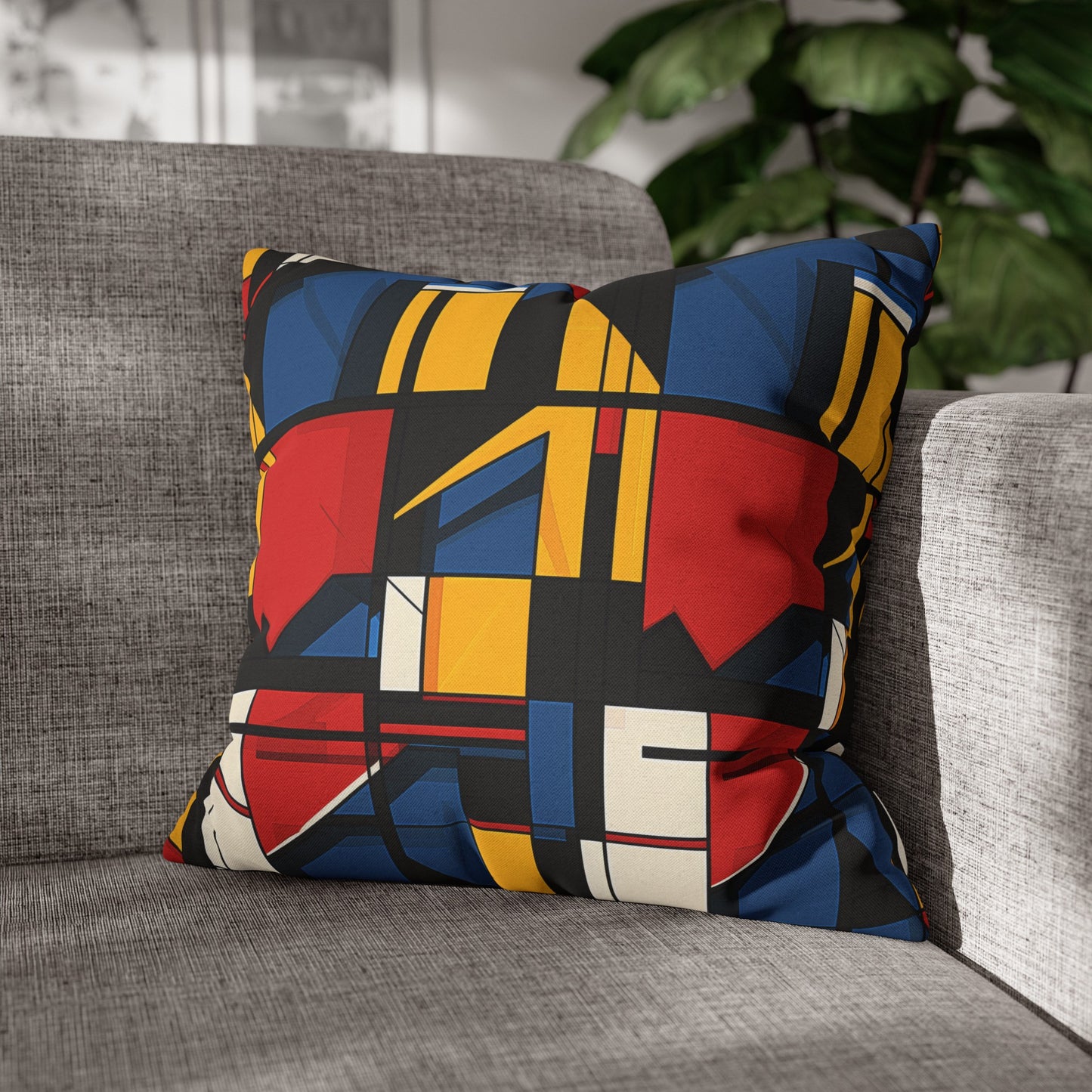 Mondrian-Inspired Bold Primary Colors and Black Lines Abstract Spun Polyester Square Pillowcase 4 Sizes