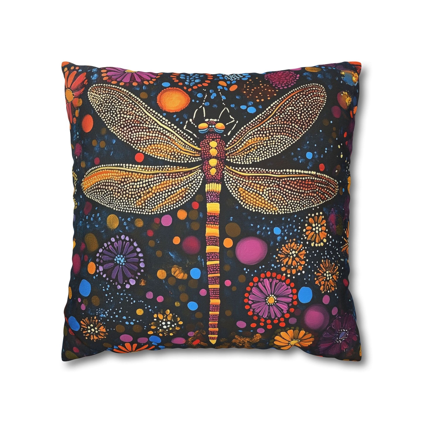 Vibrant Dragonfly Amidst a Kaleidoscope of Dot-Painted Blooms Spun Polyester Square Pillowcase 4 Sizes