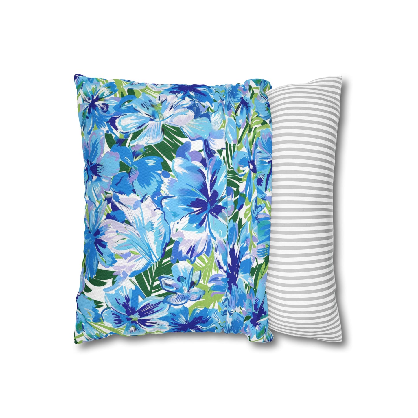 Azure Bloom Oasis: Bright Blue Large Flowers with Lush Green Palm Leaves Spun Polyester Square Pillowcase 4 Sizes