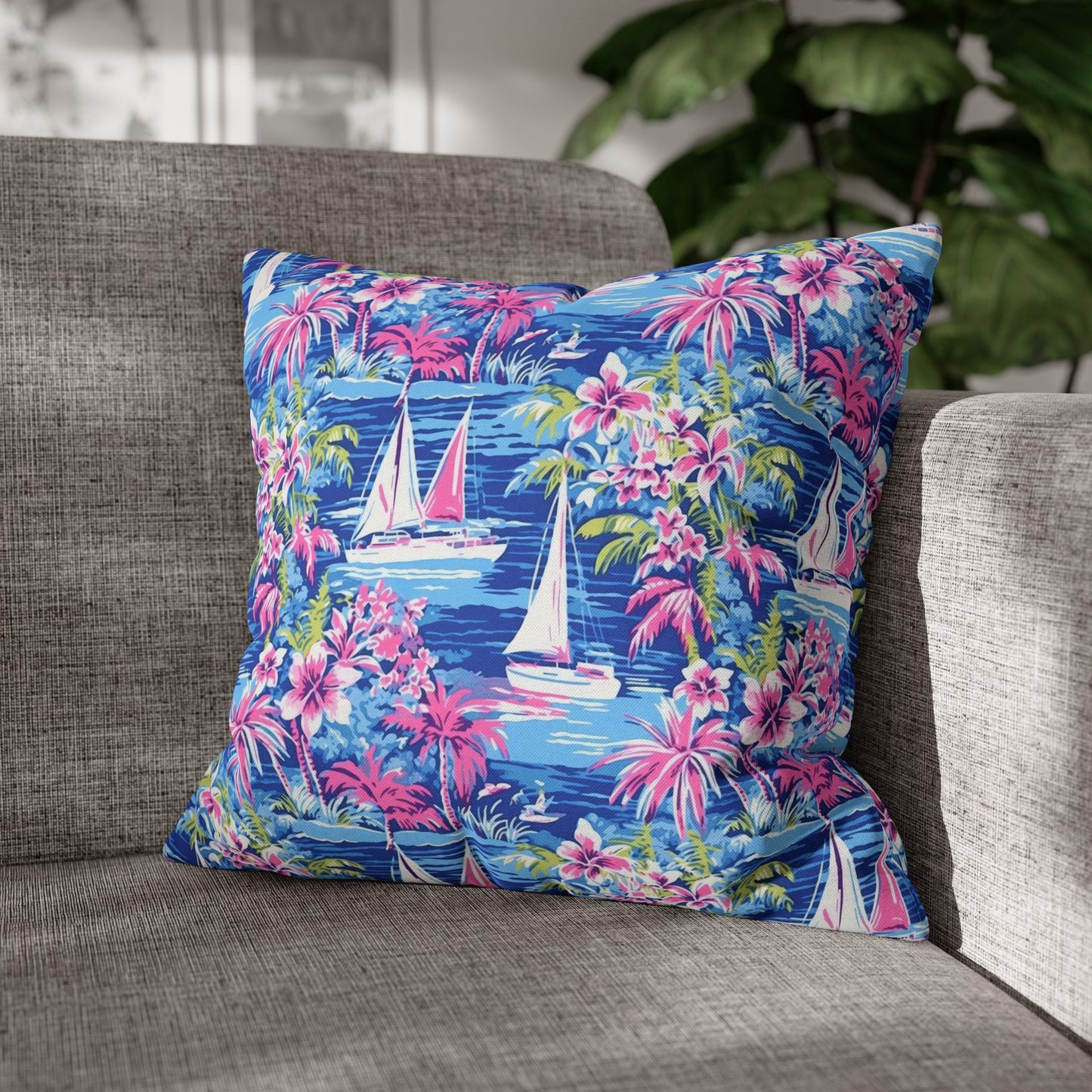 Sailing Tropics: Watercolor Sailboats Amidst Ocean Waves, Tropical Flowers, and Palm Trees Spun Polyester Square Pillowcase 4 Sizes