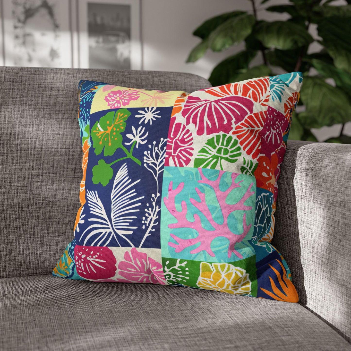 Vibrant Mosaic of Tropical Unique Shapes and Hues, from Vivid Oranges to Deep Blue Leaves and Flowers Spun Polyester Square Pillowcase 4 Sizes