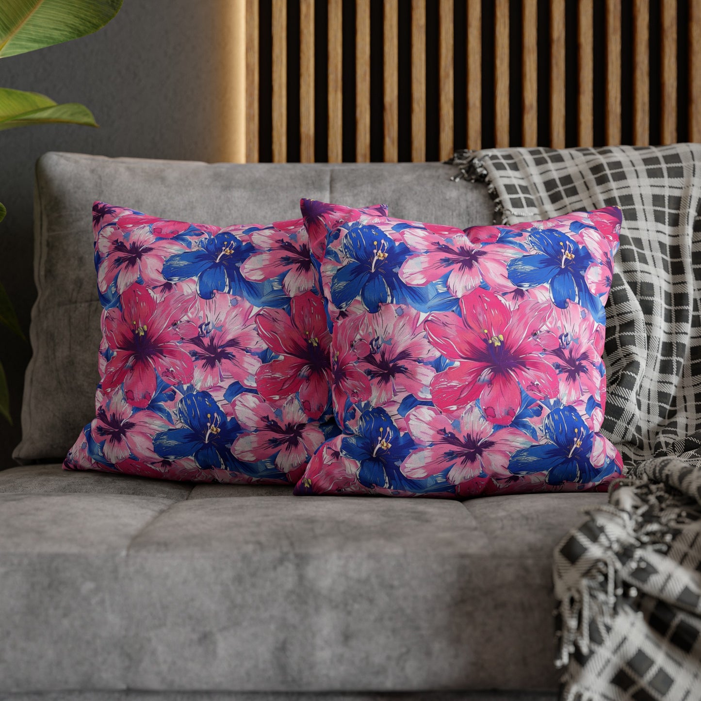 Blooming Bliss: Large Pink and Blue Blossoms in Full Bloom Spun Polyester Square Pillowcase 4 Sizes