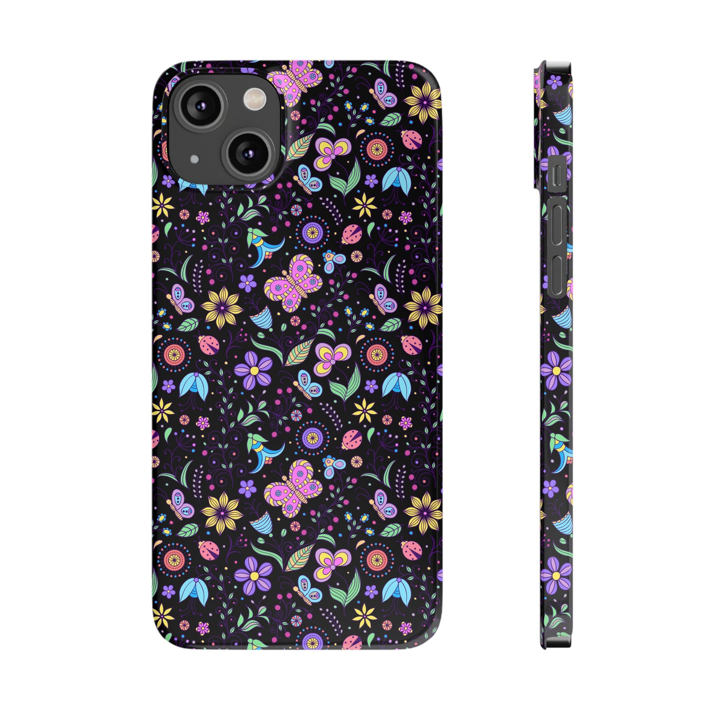 Butterflies and Flowers Black Background Iphone 15-12 Slim Phone Case