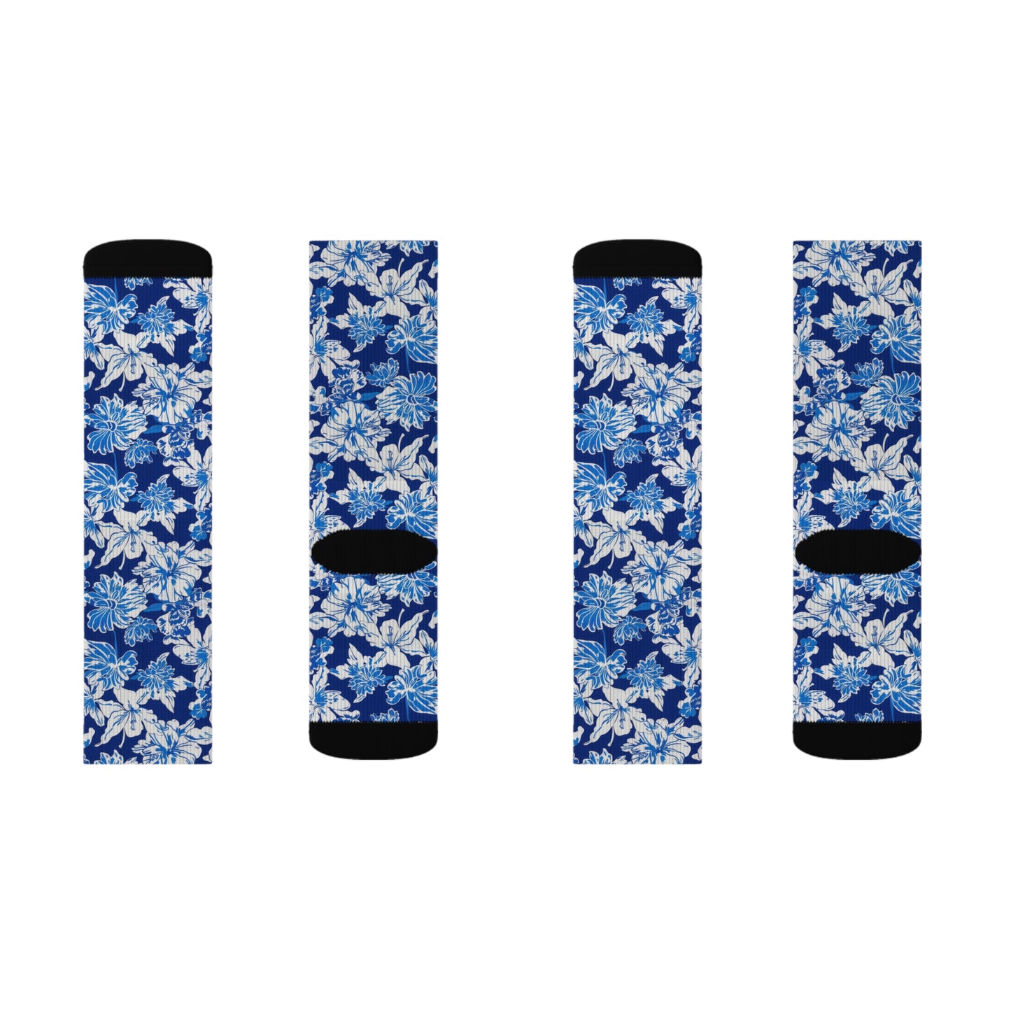 Oceanic Bloom: Watercolor Tropical Flowers in White and Blue against a Deep Blue Background Ribbed Crew Socks