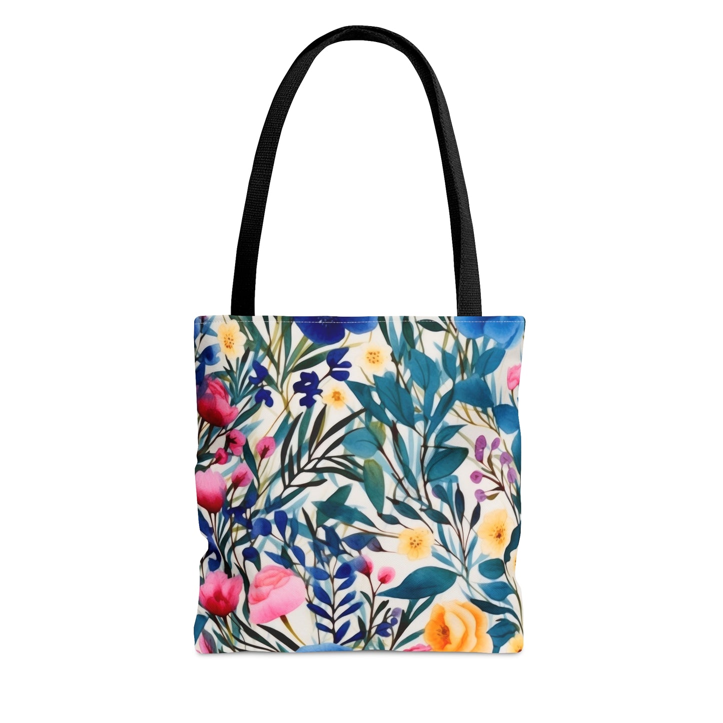 Blooming Brilliance: Large Watercolor Floral Design in Blue, Yellow, and Pink  - Canvas Tote 3 Sizes