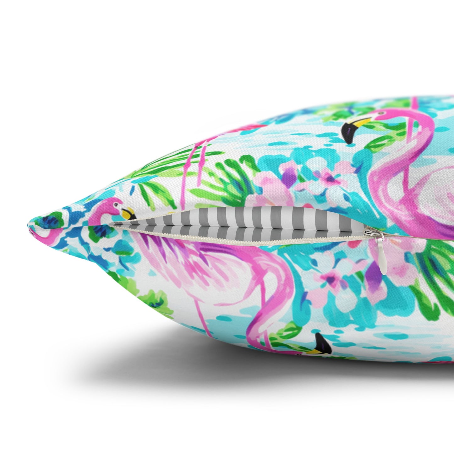 Tropical Flamingo Haven: Surrounded by Flowers and Palm Trees Spun Polyester Square Pillowcase 4 Sizes