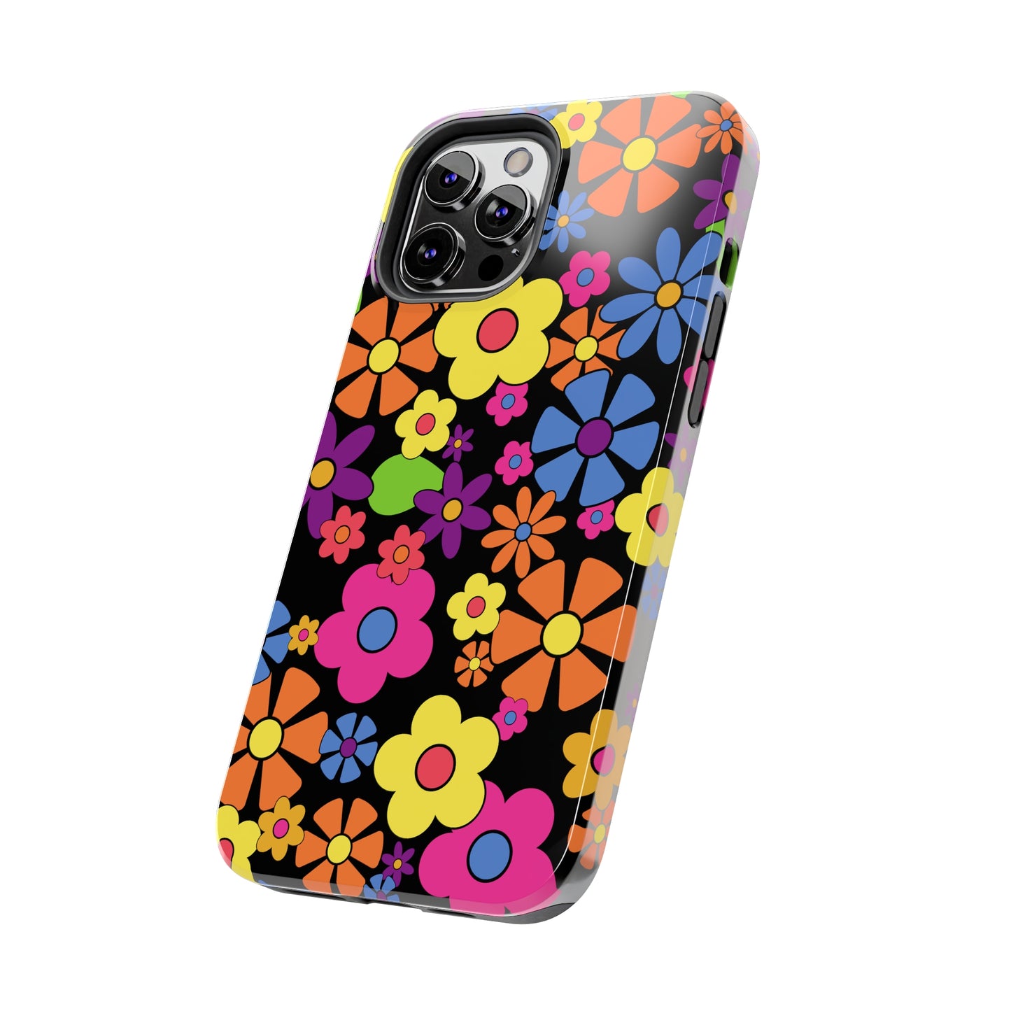 Flower Power Design on Black Background Iphone Tough Phone Case